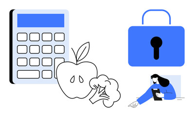 Large calculator, fruits, vegetables, padlock, and a woman writing. Ideal for health management, budgeting, wellness, diet planning digital security personal goals simple landing page