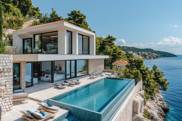 Fototapeta premium Exterior of a modern minimalist cubic villa featuring a large swimming pool, located by the seaside with a stunning sea view, Generative AI