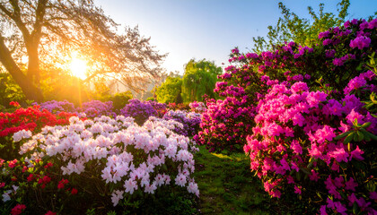 Naklejka premium Radiant Sunrise Over a Vibrant Garden of Blooming Rhododendrons