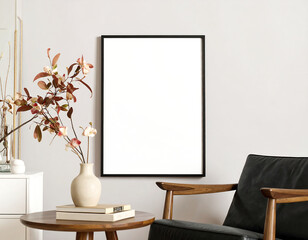 Interior shot featuring a blank picture frame on a wall, next to a chair, vase with branches, and books on a round table.