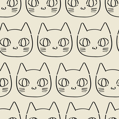 Seamless pattern cartoon of cute and funny cat face line drawings. Doodle style, using only black and cream color. Pattern design for wrapping paper, wallpaper and fashion prints.