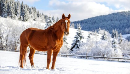 Chestnut horse standing in snowy field, mountains in background