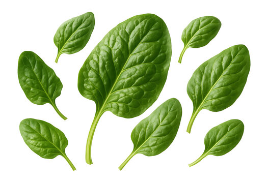 Fresh spinach leaves arrayed on a clean white background, showcasing vibrant green color and smooth texture, perfect for concepts of healthy eating and nutrition.