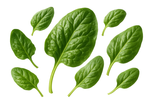 Fresh spinach leaves arrayed on a clean white background, showcasing vibrant green color and smooth texture, perfect for concepts of healthy eating and nutrition.