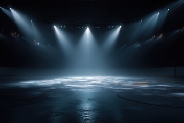 Empty stage bathed in spotlight beams