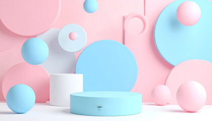 Obraz premium Serene Pastel Podium Scene with Floating Pink and Blue Geometric Shapes