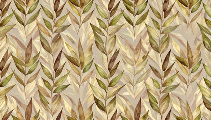 Serene Watercolor Foliage Pattern with Layered Stems in Muted Earth Tones