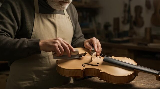 A skilled artisan meticulously applies warm, traditional violin varnish, showcasing the craft's detail and heritage