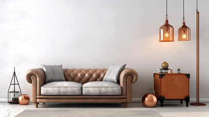 Modern interior design with light empty mock-up wall and gray loveseat with rolled arms, copper pipe lighting fixture, mid-century modern cabinet, leather poufs, jute area rug.