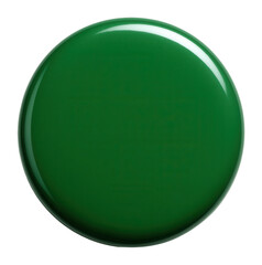 A glossy green circular button with a reflective surface, isolated on a white background, suitable for design concepts, user interface, or decoration.