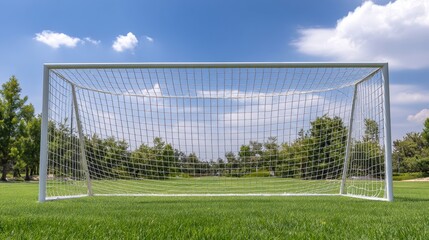 The soccer goalpost standing in a lush green field under a blue sky.
