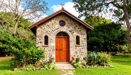 Stone chapel nestled in a garden