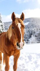 Fototapeta premium Chestnut horse stands in snowy landscape, gazing directly at the camera