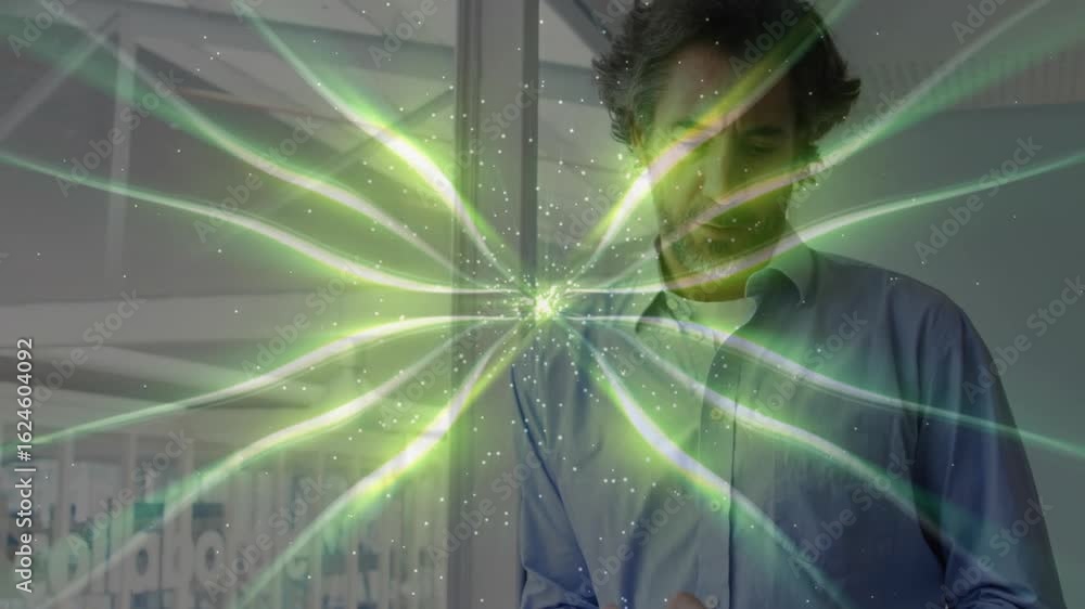 Poster man tapping tablet and generating holographic green streams radiating for analyzing business data