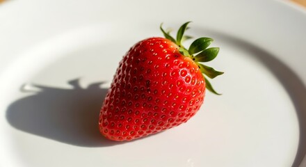 Single, vibrant red strawberry on a white plate.