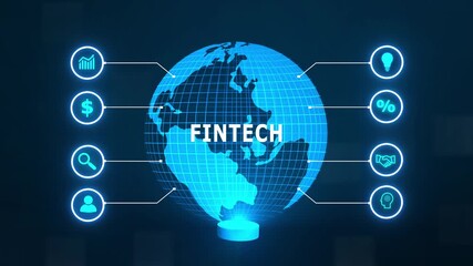 Fintech Financial technology digital, new business concept tee icon attached around the map features the concept of network and technology confirmed the map is rotating ,specify all icons - Powered by Adobe