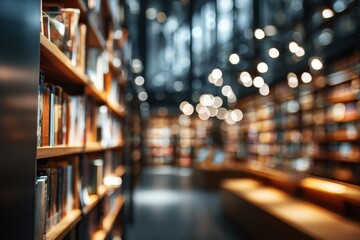 Obraz premium Blurry interior of a library with wooden bookshelves