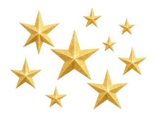 Collection of golden glitter stars of varying sizes arranged on a white background, ideal for festive, celebratory, or decorative themes.