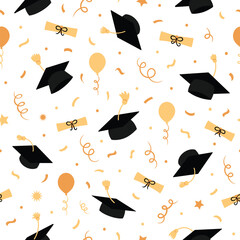 Festive graduation pattern featuring caps, diplomas, balloons, and confetti on a white background, vector design