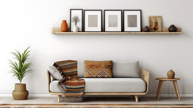 Modern interior design with light empty mock-up wall and gray flannel loveseat, multicolored kilim rug, floating wood shelves with small art frames, rattan side table with stacked books.