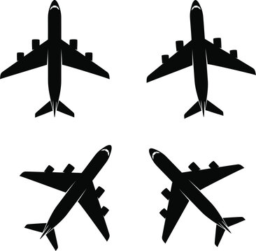 A collection of airplane silhouettes, showcasing various views of aircraft in flight. This graphic is ideal for themes related to travel, aviation, and transportation