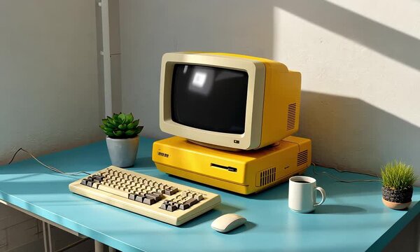 Still life of vintage yellow computer setup with keyboard mouse and coffee mug on a blue desk