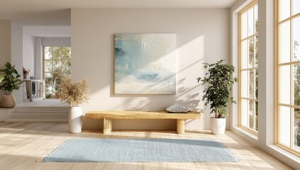 Light-filled entryway with art and bench