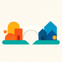 Better community connection illustration showing colorful abstract houses linked by a white arch bridge, symbolizing unity, diversity, and collaboration between groups.