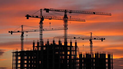 Silhouette of multiple towering construction cranes against a dramatic fiery orange and red sunset sky