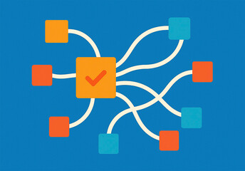 Better workflow connection diagram showing central orange square with check mark connected to multiple colorful nodes, symbolizing task management and process flow.