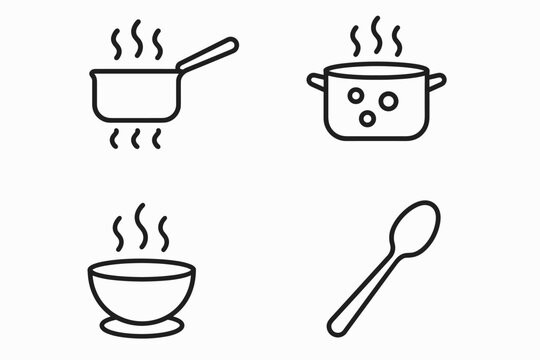 Simple cooking icons: saucepan, pot, bowl, spoon - black line art