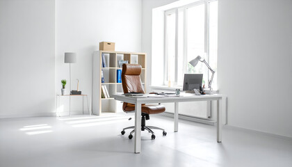 Sunlit Minimalist Office with a Statement Brown Leather Executive Chair