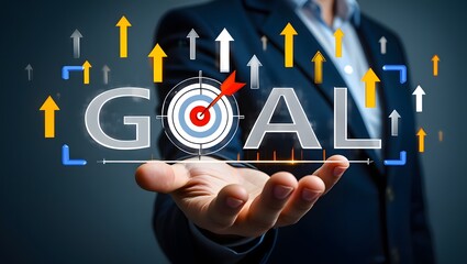 Business goal and target success, businessman holding icon target dartboard for leader investing in assets business and finance with trend graph, business ideas, and marketing strategies research.