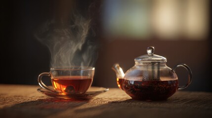The inviting cup of steaming tea beside a beautiful teapot on a wooden table.
