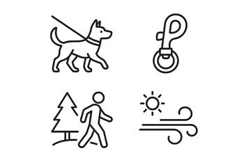 Dog walking essentials: pet, leash, outdoor activity, nature, weather icons