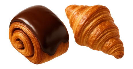 A close-up image of a chocolate-covered pastry and a flaky croissant showcasing their golden layers and glossy chocolate topping, ideal for concepts of breakfast or bakery products.