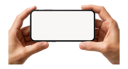 Close-up of hands holding a smartphone horizontally with a blank white screen, suitable for displaying app interfaces or digital content mockups.