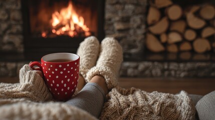 The cozy scene with a warm cup by the crackling fireplace.