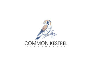 Cute Common Kestrel perched on a branch with warm pastel tones and peaceful bird expression, perfect for soft nature illustrations, wildlife vector designs, and children&rsquo;s educational decor prints.

