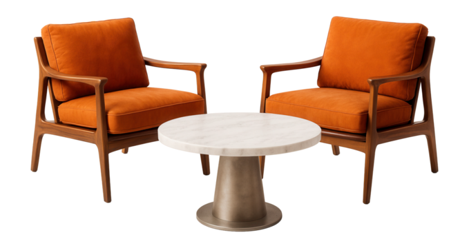 Two orange cushioned wooden armchairs flank a round marble-top coffee table with a conical base, creating a stylish mid-century modern furniture set-up.