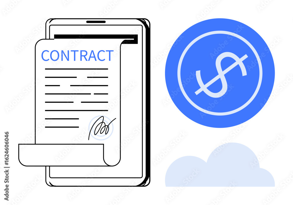 Poster digital tablet displaying contract with signature alongside a dollar sign in a blue circle and cloud