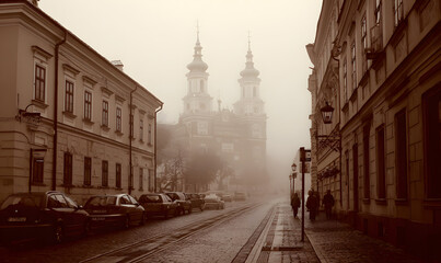Fototapeta premium old town on misty morning