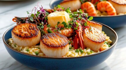 Gourmet seafood medley with perfectly seared scallops, crayfish and butter over golden risotto garnished with microgreens in blue ceramic bowl