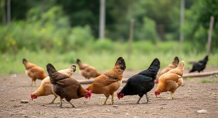 Fototapeta premium Free-range chickens foraging on a farm, diverse breeds pecking at the ground.
