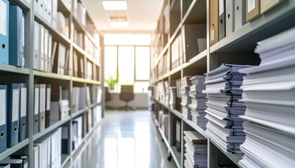 Sunlit archive aisle with stacks of files and binders on shelves