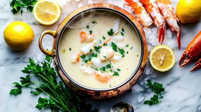 Premium seafood chowder in hammered copper pot with fresh crab and lobster on marble surface