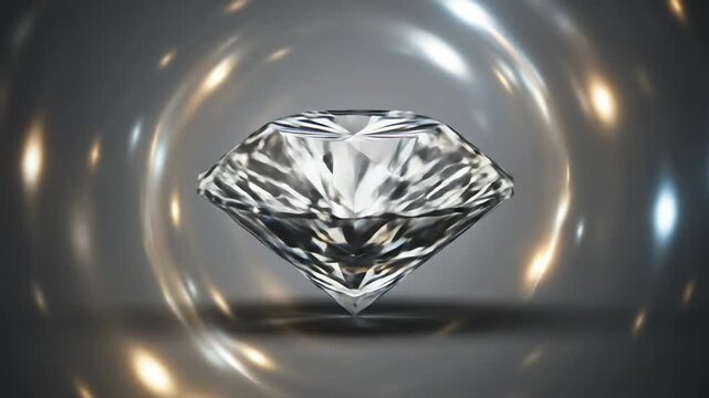 Diamond Gemstone with Faceted Cut Reflecting Light on Gray Background