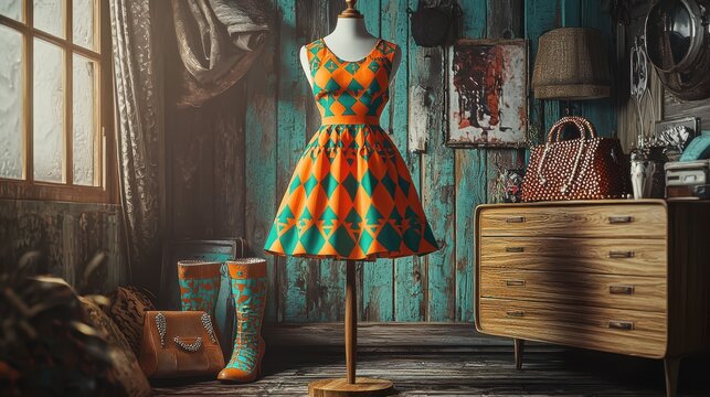Sixties mini dress bold geometric chevron patterns vintage wooden dresser retro boutique orange turquoise zigzag design 1960 s mod fashion styling