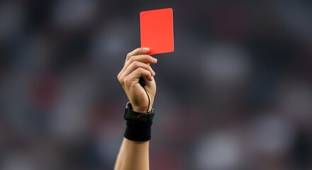 Referee's hand holding up a red card during a soccer or football match, indicating a penalty or ejection.
