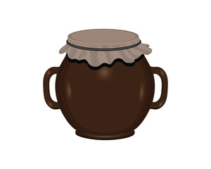 vector design of a traditional clay pot with two handles on the side and a cloth lid tied with a rope giving a rustic or traditional feel, for storing fermented foods or drinks such as honey or herbal